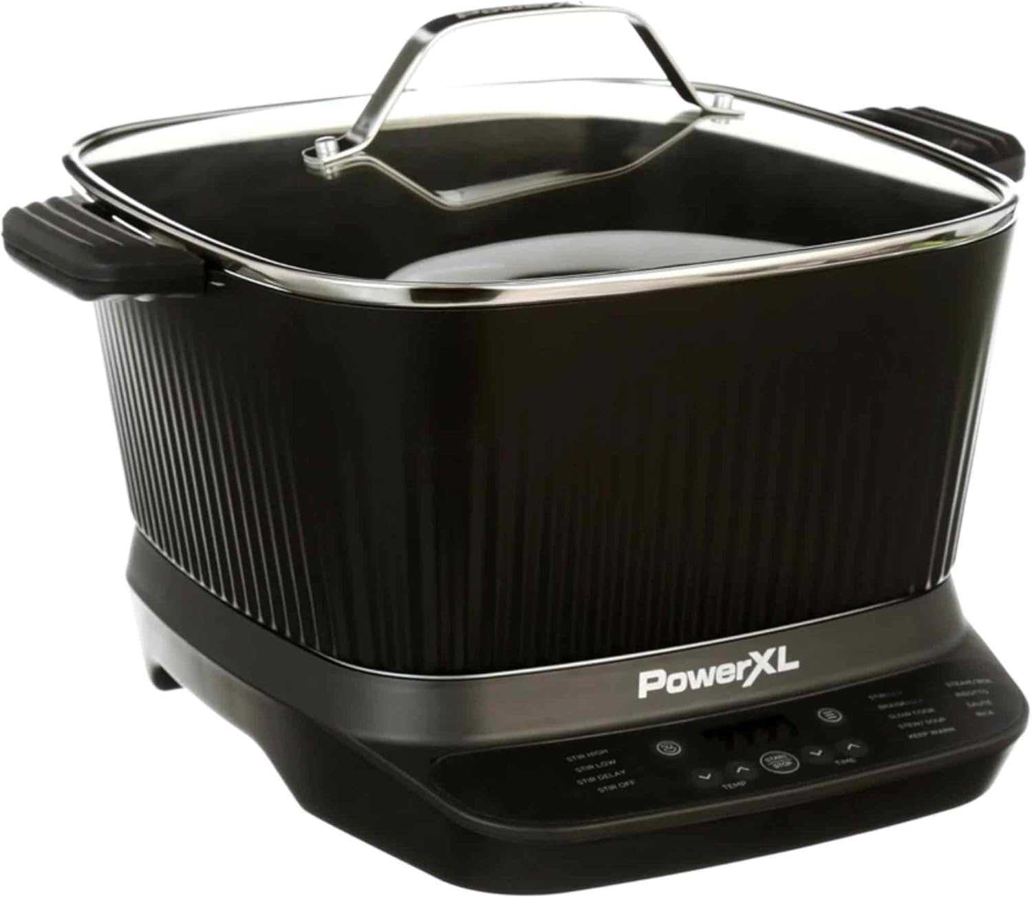 Power-XL StirMax 7.5 Qt Multi-Cooker, 9 Presets, One-Touch Control, Slow Cook, Sear, Sauté, Simmer, Roast, Rice, Steam, Bake, Auto-Stir Technology, Nonstick Pot, Glass Lid, 7.5Qt multi cooker