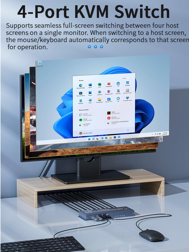 4x1 HDMI KVM Switch w/Multi-Viewer, 4K 60Hz Quad HDMI Screen Divider Switcher, 4 in 1 Out Seamless Switching with 4xUSB A 3.0 Cables, Quick View for Camera, PC, Laptop, Fire Stick, Roku