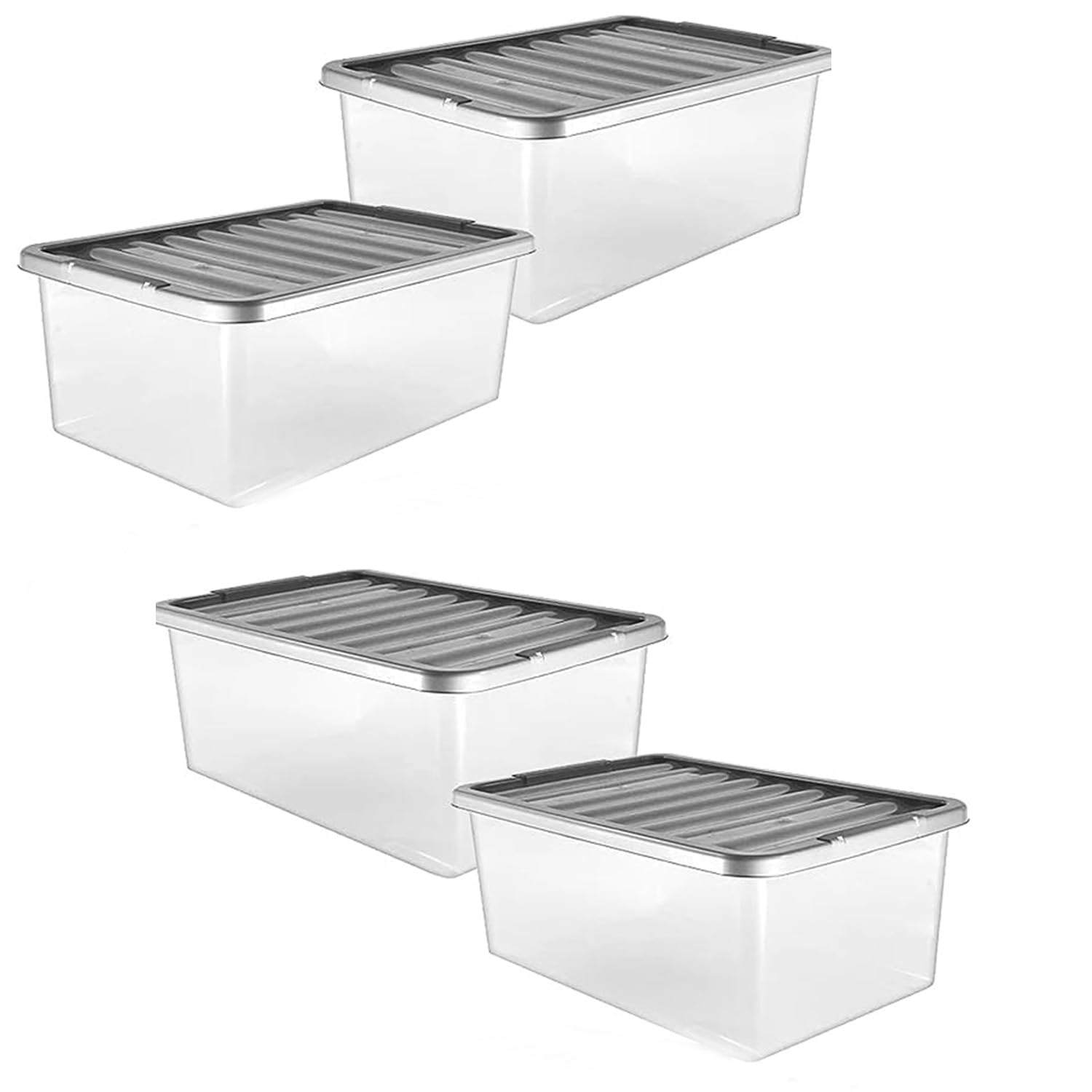 Pluto Packaging 4 Pack 32 Litre Strong Stackable Durable Underbed Storage Boxes Complete With Silver Lids