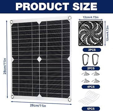 Solar Panel Fan Kit, 12W Outdoor Weatherproof Solar Fan, 16V Dual Exhaust Fan for Small Chicken Coops, Greenhouses, Sheds, Pet Houses, Window Exhaust