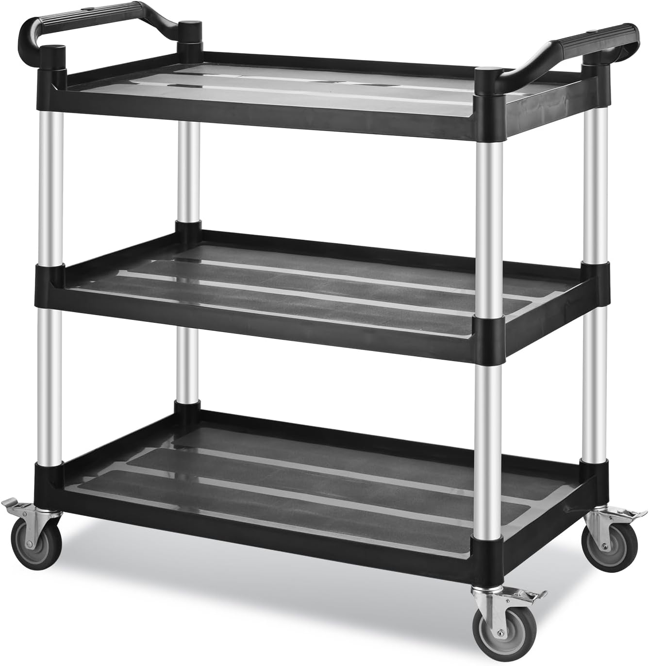 Utility Rolling Carts with Wheels, Large Size Plastic Service Carts, Heavy Duty Restaurant Cart with 4 Lockable Brake Wheels for Kitchen/Office/Warehouse (3 Tier - 34×17×37inches / 510lbs)