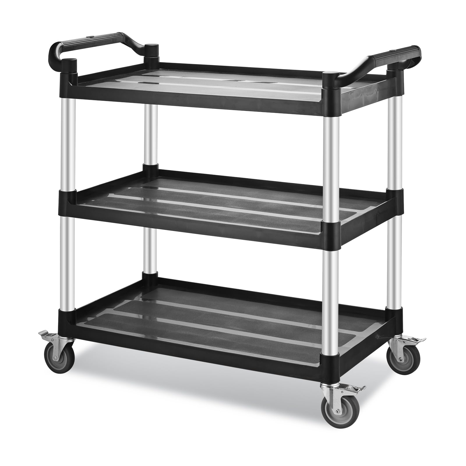 Utility Rolling Carts with Wheels, Large Size Plastic Service Carts, Heavy Duty Restaurant Cart with 4 Lockable Brake Wheels for Kitchen/Office/Warehouse (3 Tier - 34×17×37inches / 510lbs)