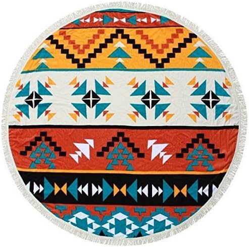 Boho Gypsy Round Beach Towel with Tassels Co. Thick Soft & Absorbent Terry Cotton Roundie Blanket 59 inch (Aztec)