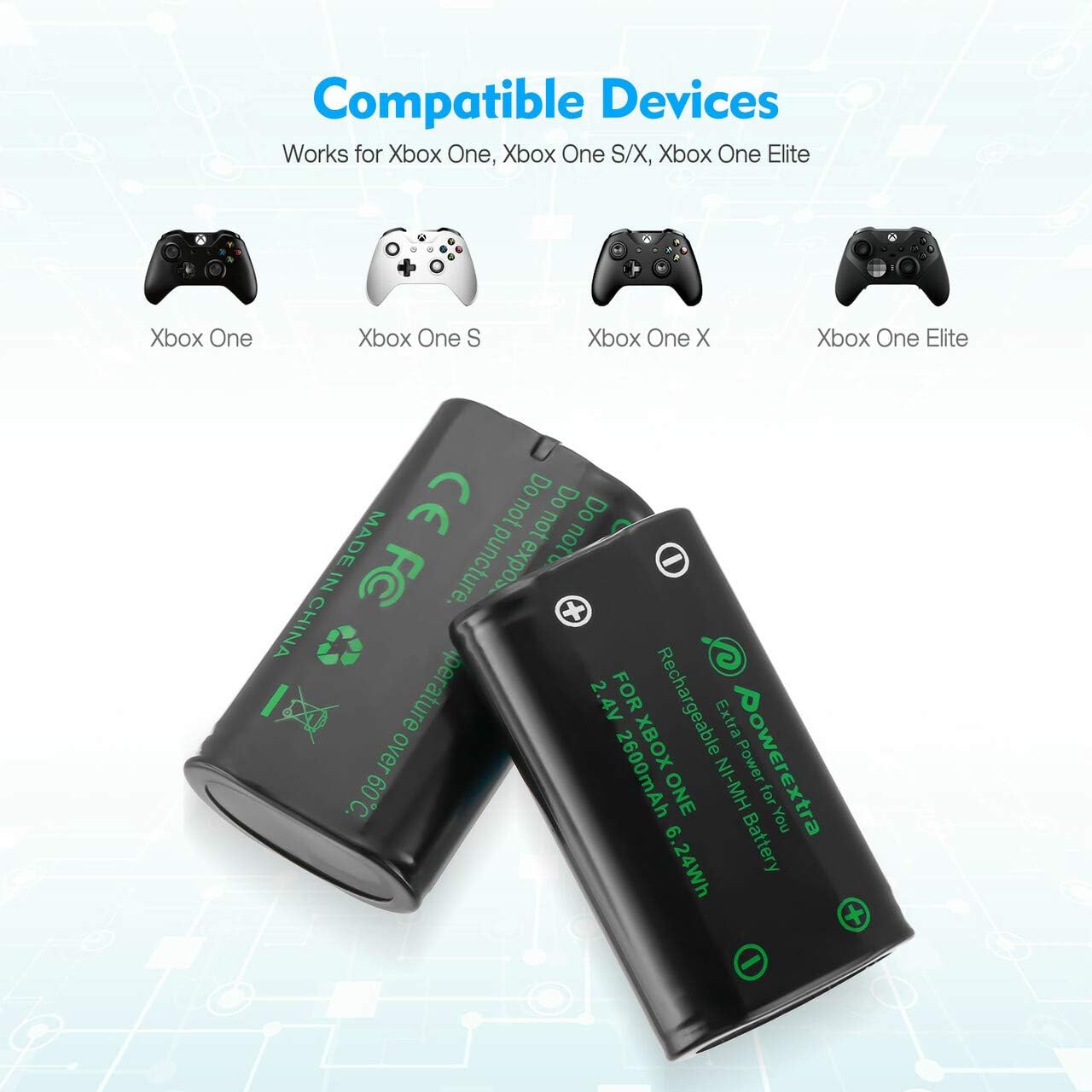 Powerextra Rechargeable Battery for Xbox One Xbox Series X|S 2600mAh 2 Pack Battery and Charger Controller Battery with Fast Charger for Xbox One Xbox One S Xbox One X Xbox One Elite