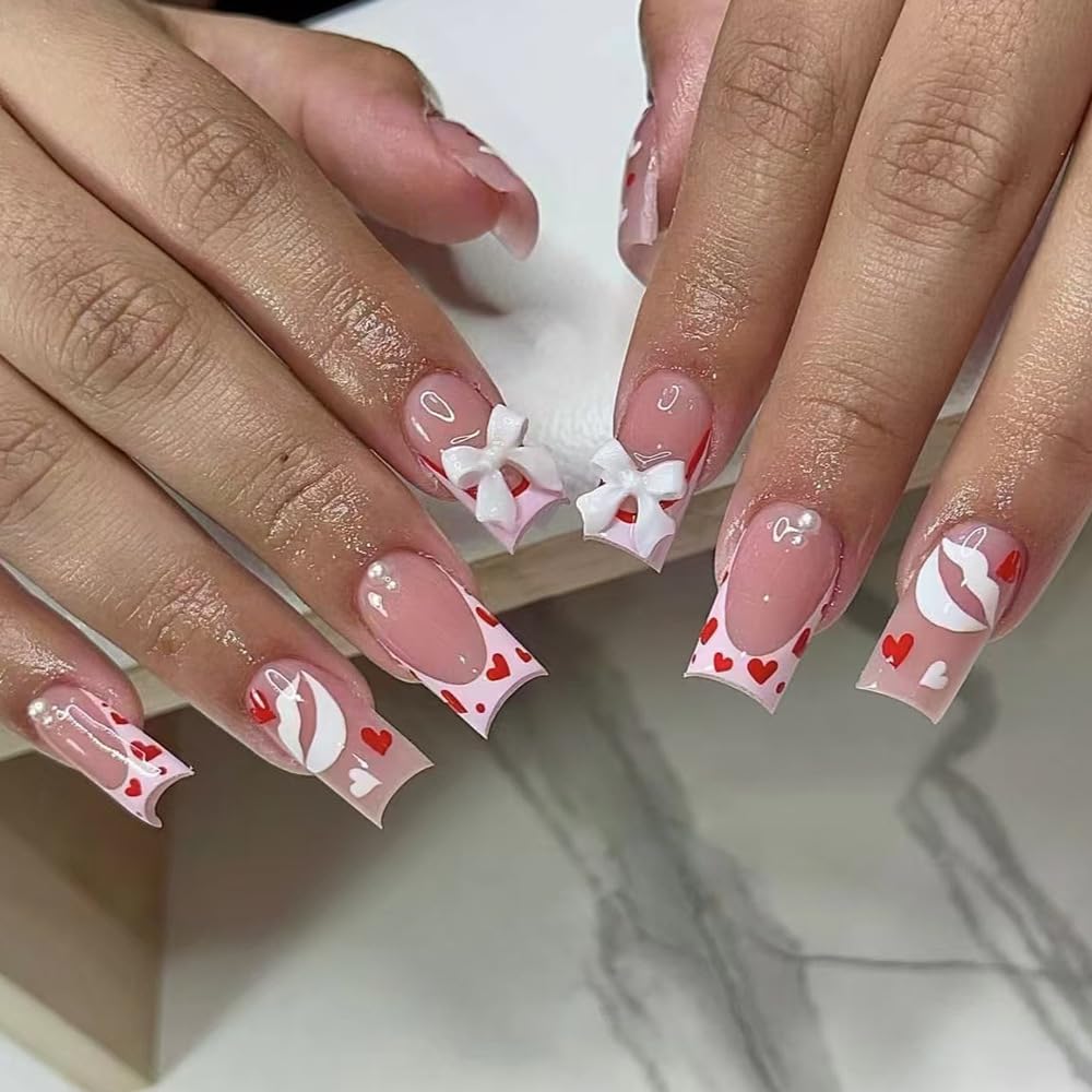 French Tip Press on Nails Medium Square Heart Fake Nails Press on Pink Heart Lip Acrylic Nails 3D Bow Charms Glue on Nails Reusable Artificial Nails for Women Manicure 24Pcs