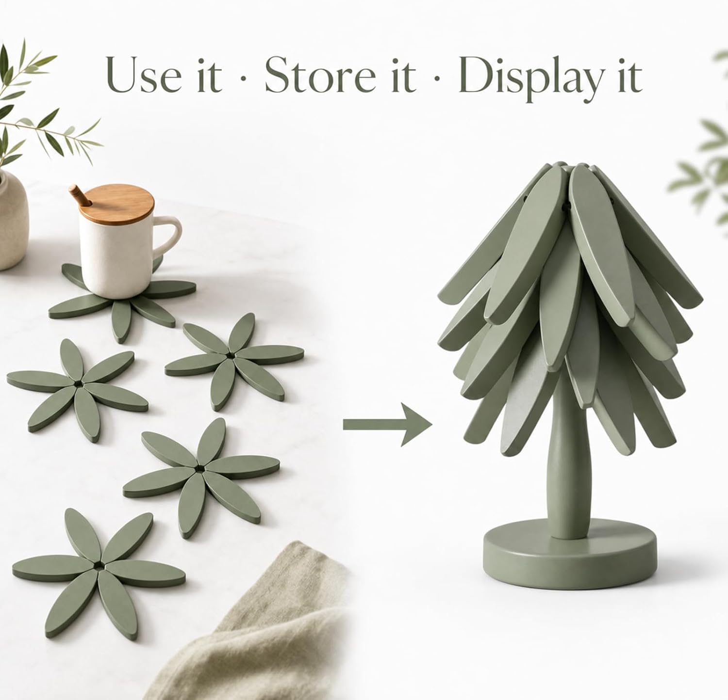 Zhehao Sage Green Wooden Trivet Tree Coasters Set