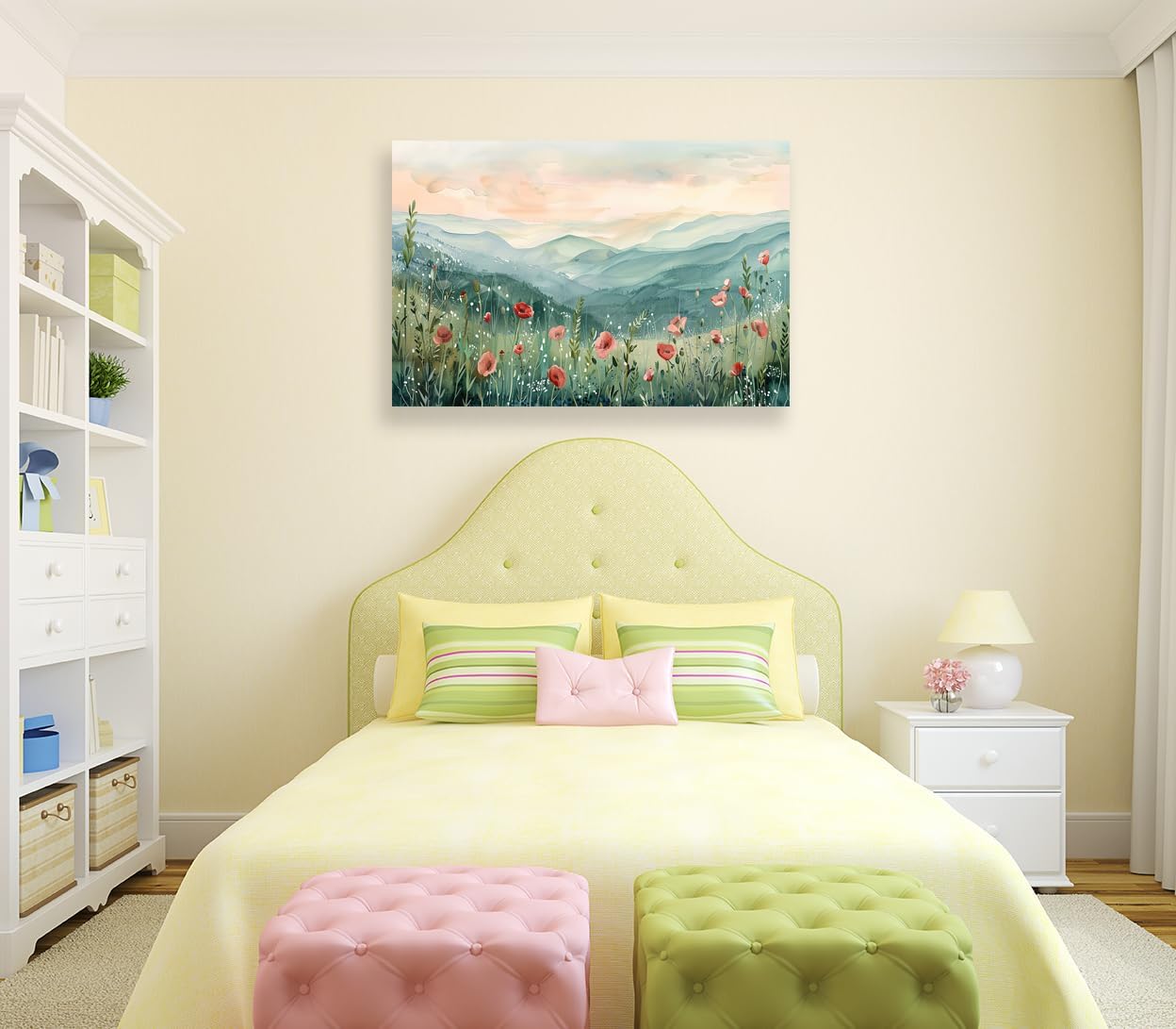 Tucai Decor Floral Landscape Canvas Wall Art 32 x 48 inches Poppies in Mountain Valley Home Decor Art Prints for Living Room Bedroom Office Ready to Hang