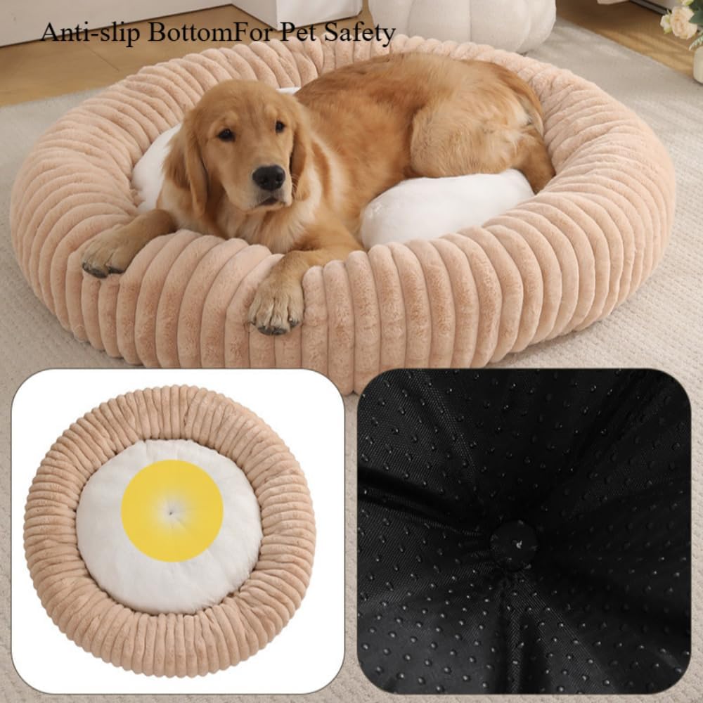 Round Donut Pet Bed for Small Dogs & Cats - Washable Faux Fur Corduroy Cuddler with Non-Slip Bottom(Khaki,31.5 * 31.5 * 7.87in)
