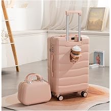 Meoky Suitcase Carry On Luggage with Wheels Combination Suitcase with Cup Holder Charging Port Travel Bag with Cosmetic Carry On Bag for Travel, Business,Pink,22in