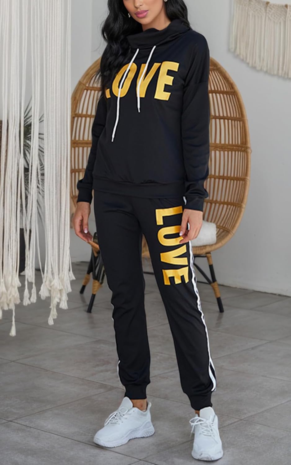 Angsuttc Women's Letter Print 2 Piece Outfits Cowl Neck Long Sleeve Sweatshirt and Pants Set Tracksuit - Image 2