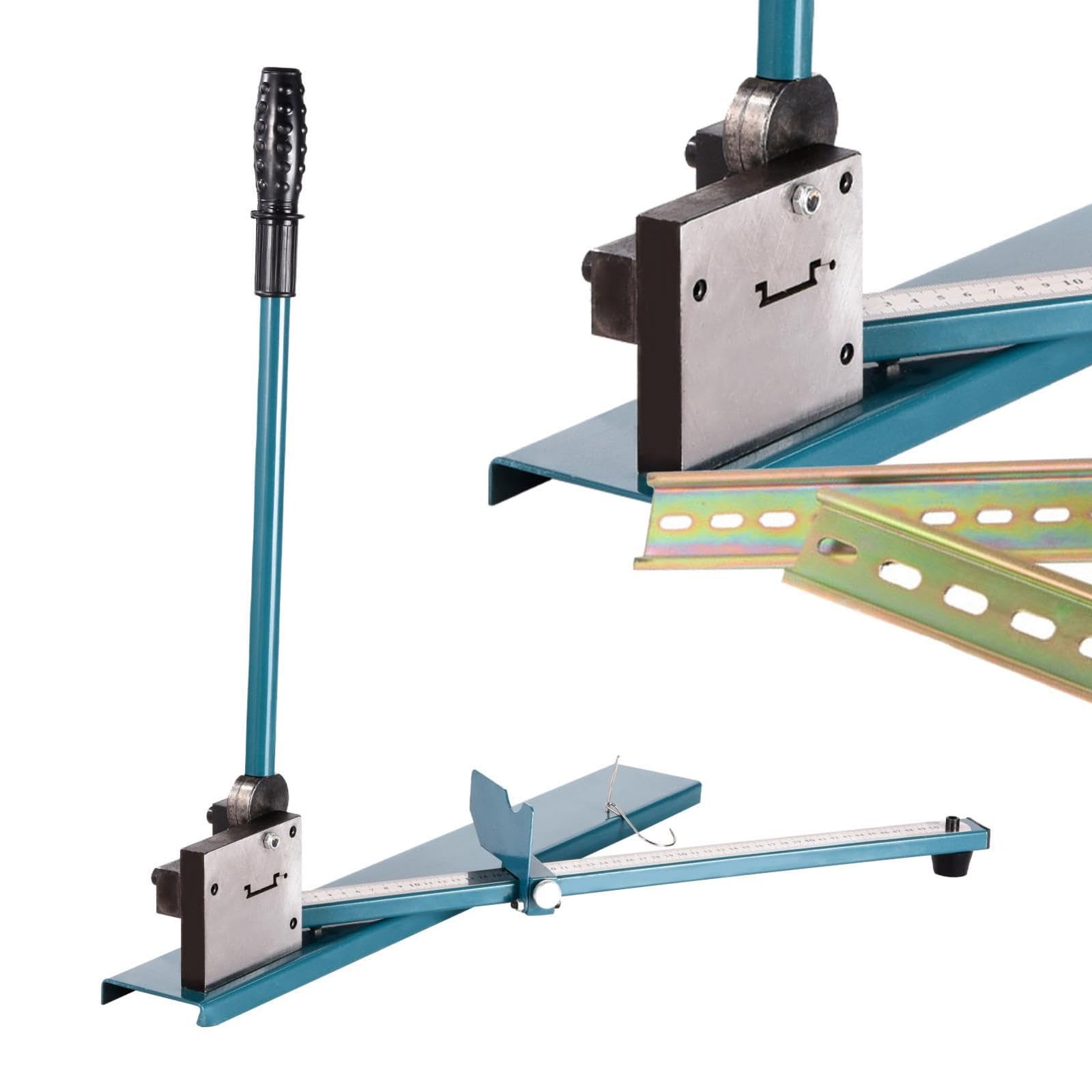 Cortadora de riel de doble ranura para acero y aluminio, incluye regla para cortes precisos, corta eficientemente ancho y altura para un rendimiento óptimo
