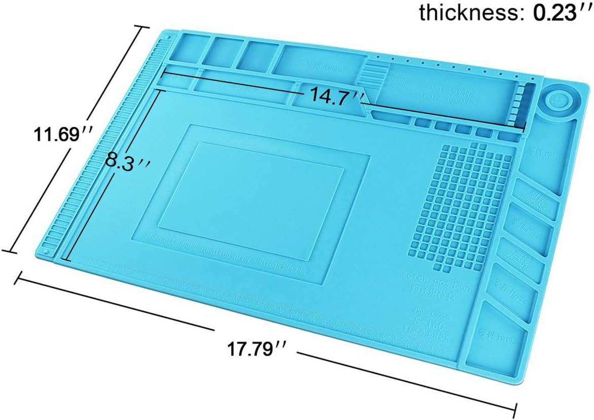 Heat Insulation Silicone Repair Mat, Large Silicone Repair Mat for Soldering Iron, Phone and Computer Repair, Heat Gun, Electronics Repair Disassembly (17.79''×11.69'') - Blue - - 