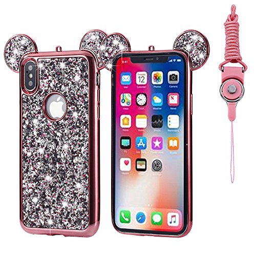 iPhone X Case, Umiko(TM) Super Cute Sparkle Bling Bling Glitter 3D Disney Mickey Mouse Ears Soft Protective TPU Rubber Case with Strap for Apple iPhone X (2017), Rose Gold