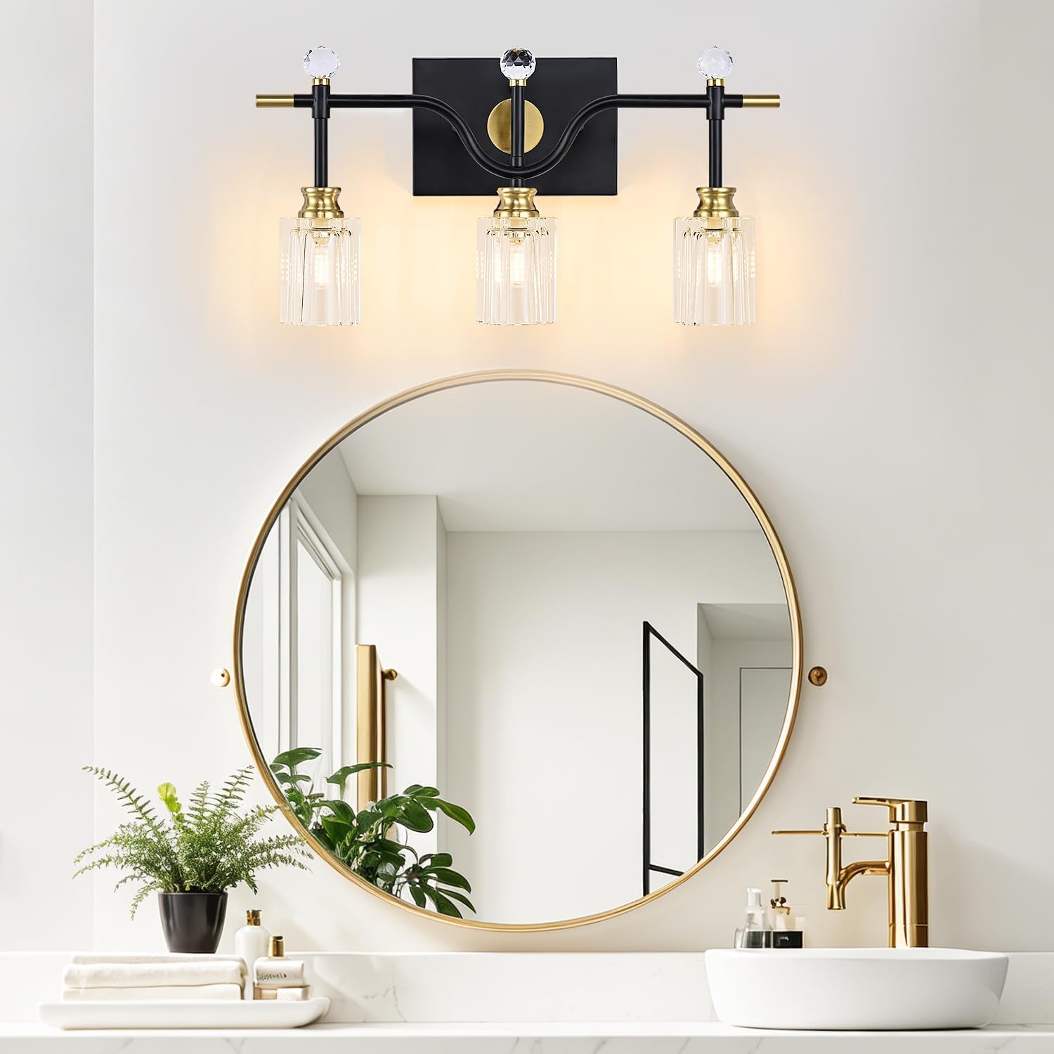 Modern Crystal Bathroom Vanity Light 3-Light U Shape Wall Light Fixtures Over Mirror Black and Gold Vanity Lighting for Bathroom Living Room Bedroom G9 Base (Exclude Bulb)