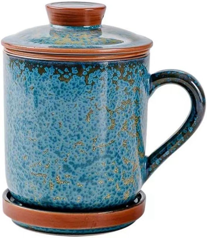 Ceramic Tea Cup With Infuser and Lid, Loose Leaf Mug Saucer With Handle, Chinese Handmade Vintage Blue Jade Glazed Porcelain Steeping Filter Gifts for Tea Lovers