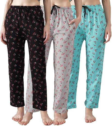 SwellSwag Women's Cotton Casual Printed Pyjamas With Side Pockets - (Combo Pack Of 3)