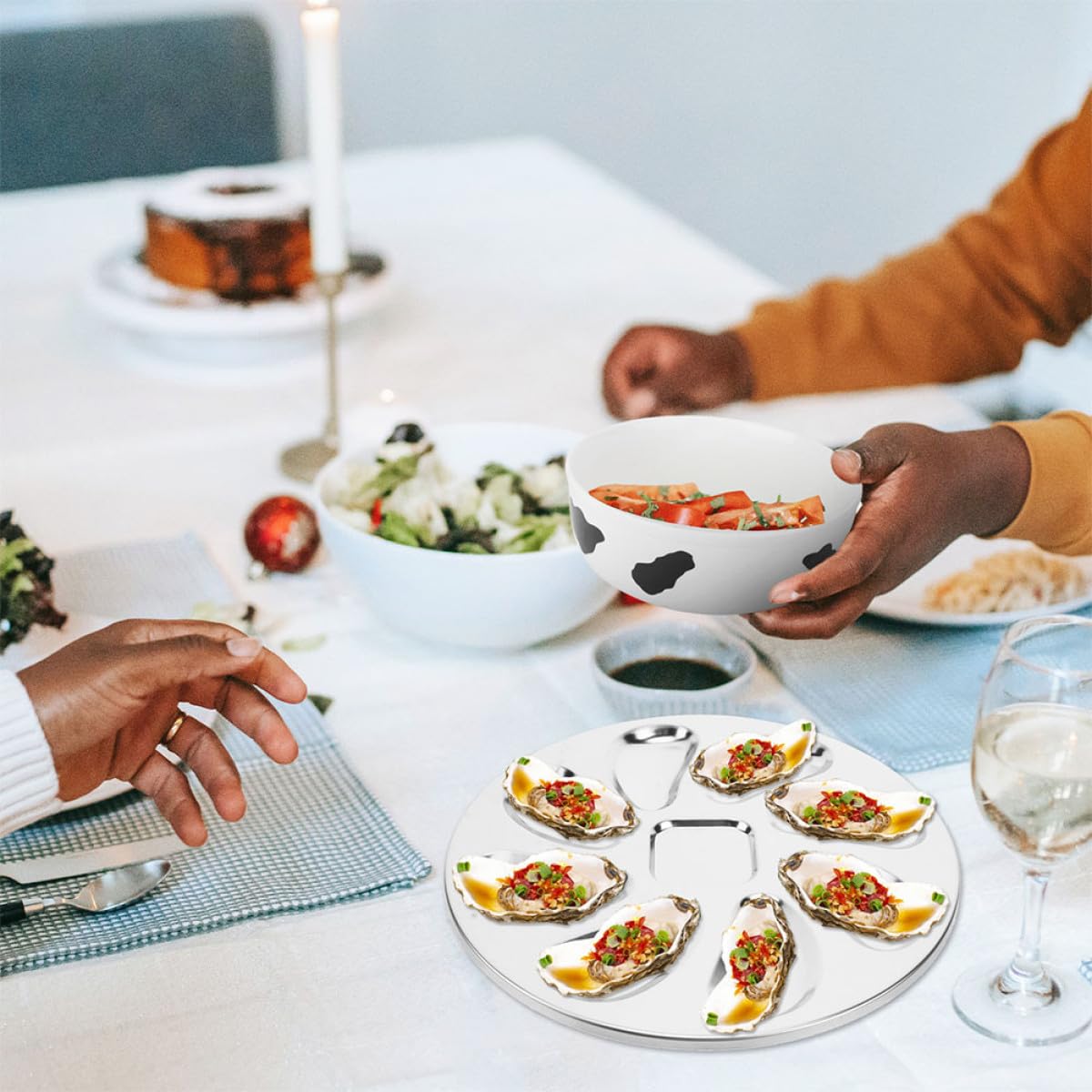 BESPORTBLE Vassoio per Ostriche in Acciaio Acciaio 2 Pezzi Piatto da Portata Multifunzione Porta Salsa Resistente all’Usura per Uso Domestico e Ristoranti Accessorio Cucina per Molluschi
