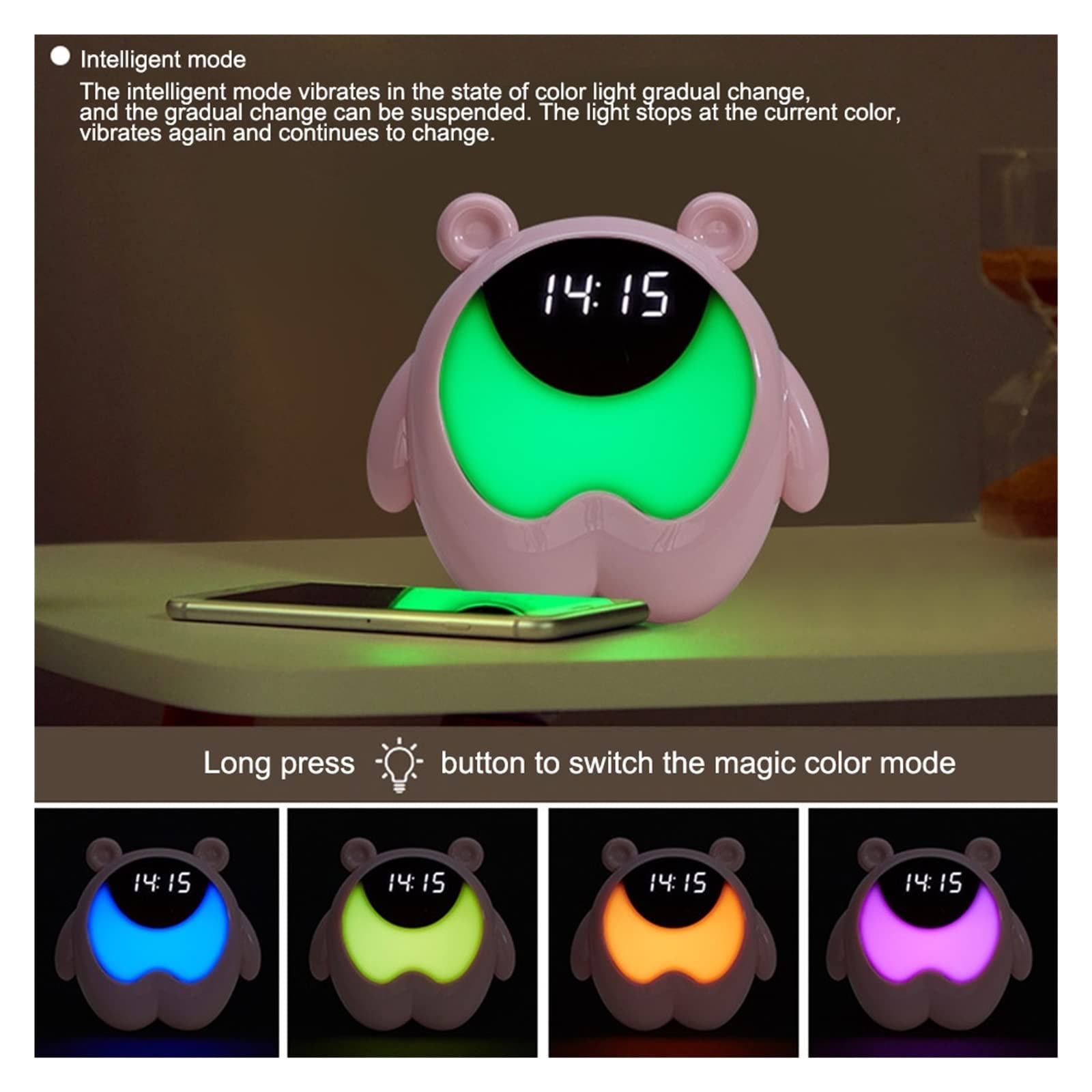 Luz de despertador para niños Despertador digital for niños, luz nocturna Dibujos animados digitales lindos for niños Reloj de cabecera Sleep Trainier Wake Up Entrenador de sueño para niños(A,2)