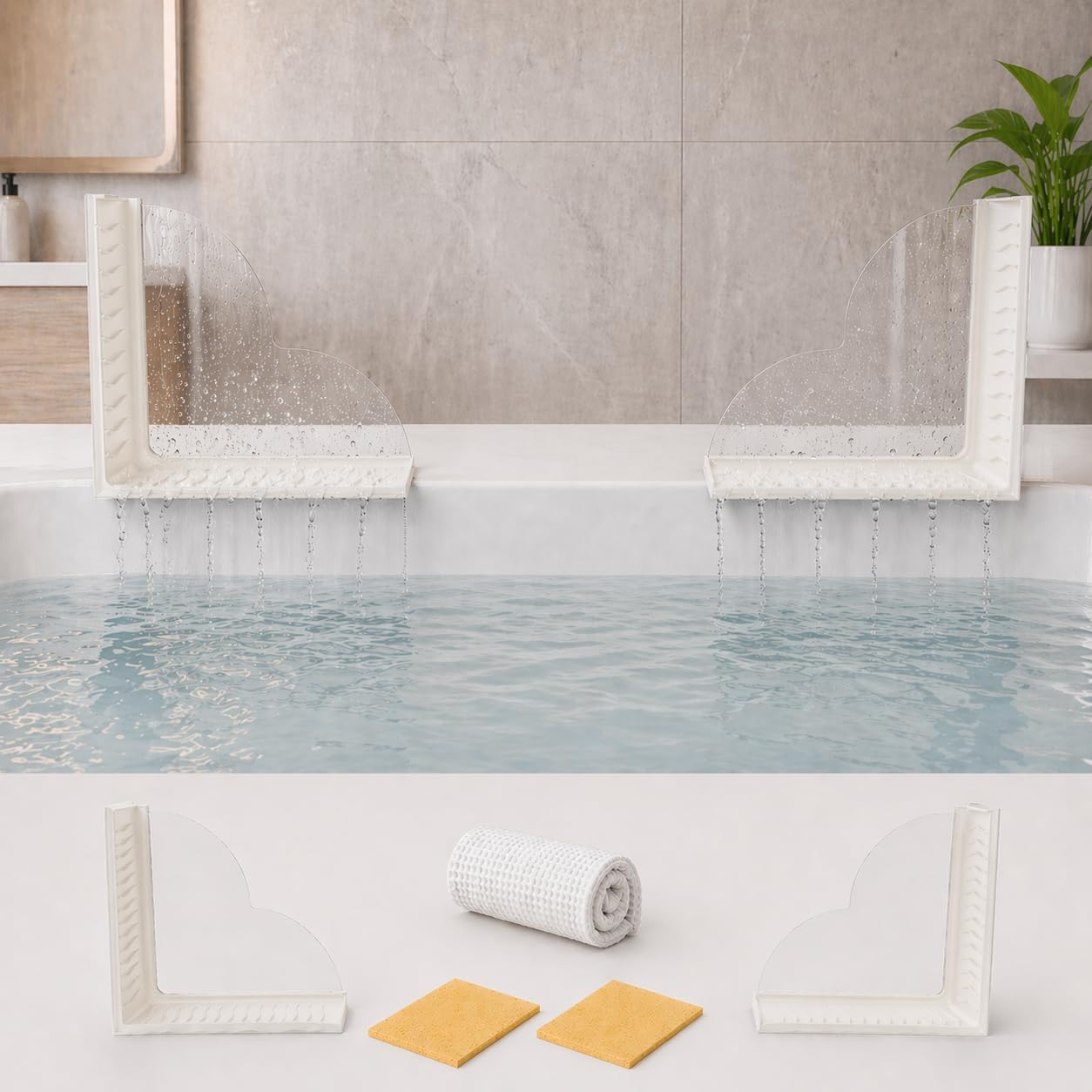 White No-Adhesive Silicone Acrylic Splash Guard for Bathtub,Washbasin,Sink.Strong Suction Reusable Tub Edge Leak,Keeps Water in,for Rental Properties,Older Houses,Small Bathrooms,Rvs.