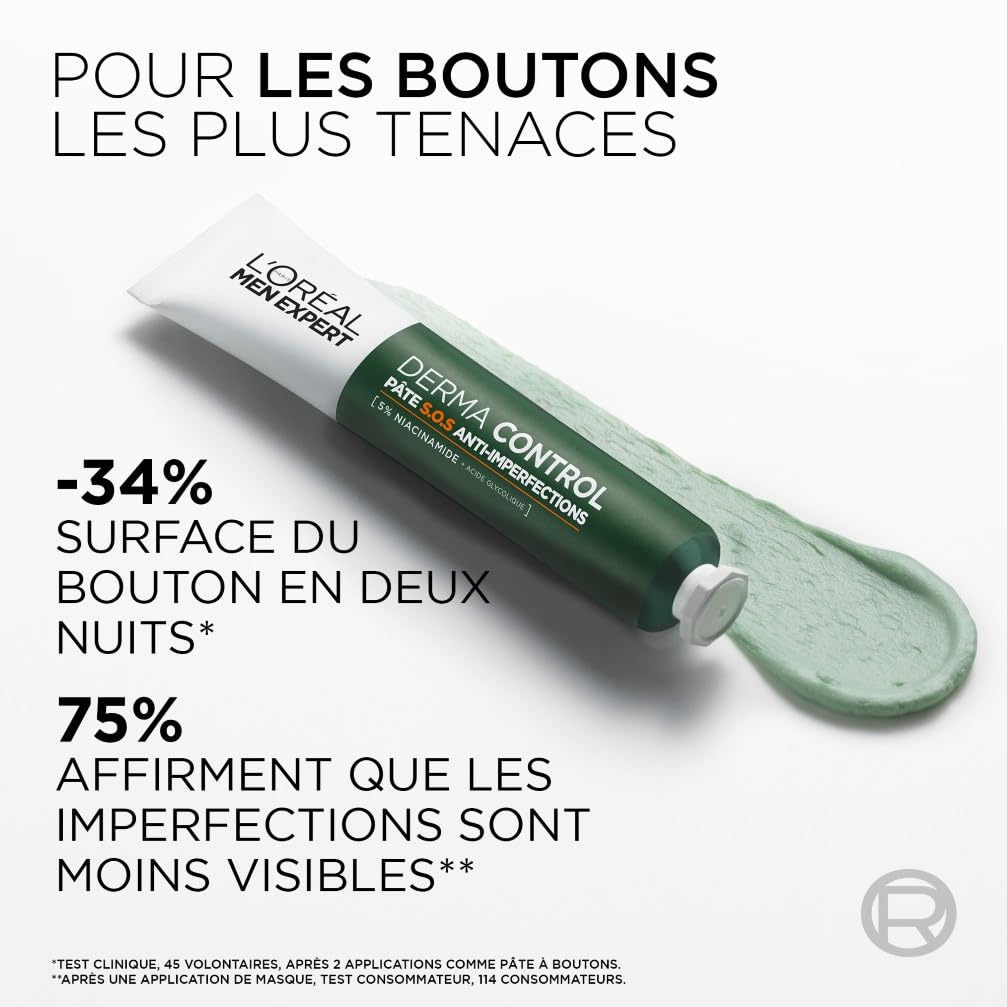 L'Oréal Men Expert - Pâte S.O.S Anti-Imperfections - Soin Localisé Anti-Boutons et Masque Purifiant - Enrichie en Niacinamide et Acide Glycolique - Derma Control - 45 ml
