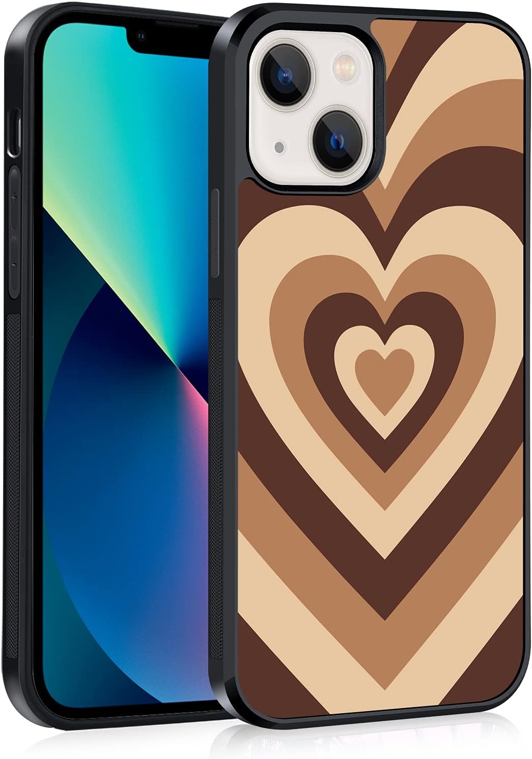 OOK Hard Case for iPhone 13 All Round Shock Absorption Protection Cover with Brown Heart Design Tire Tread Anti-Skid Wireless Charging iPhone 13 Case for Girls Women