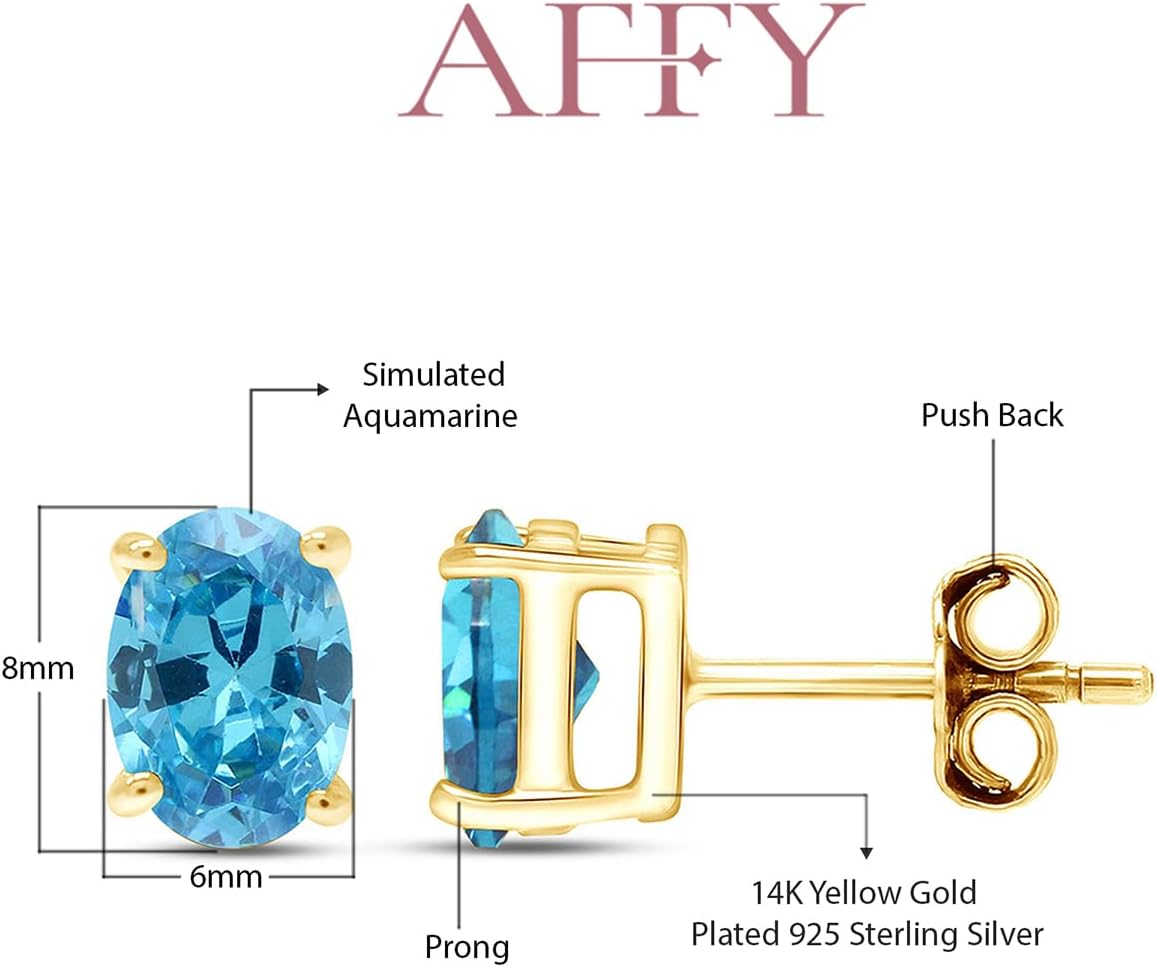 Birthstone Solitaire Stud Earrings for Women, 8x6mm Oval Cut Simulated Gemstone Studs in 14K Yellow Gold Plated 925 Sterling Silver Push Back Earrings, Jewelry Gift for Her - Image 2