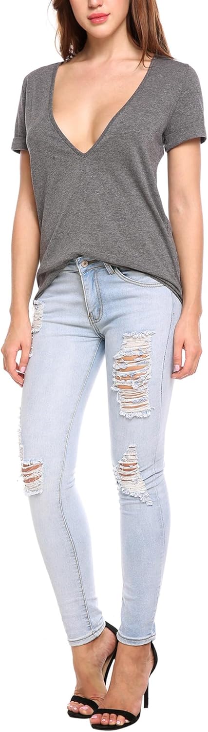 Beyove Women's Deep V T-Shirt Summer Short Sleeve Loose Casual Tee Shirt(Grey, S) - Image 5