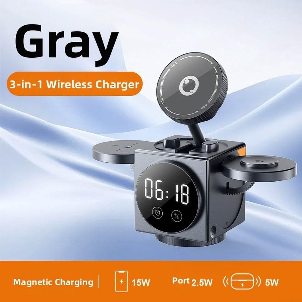 Cargador inalámbrico 3 en 1 para, estación de carga magnética de 15 W con soporte de luz de reloj para auriculares de reloj de teléfono uso simultáneo (gris oscuro)