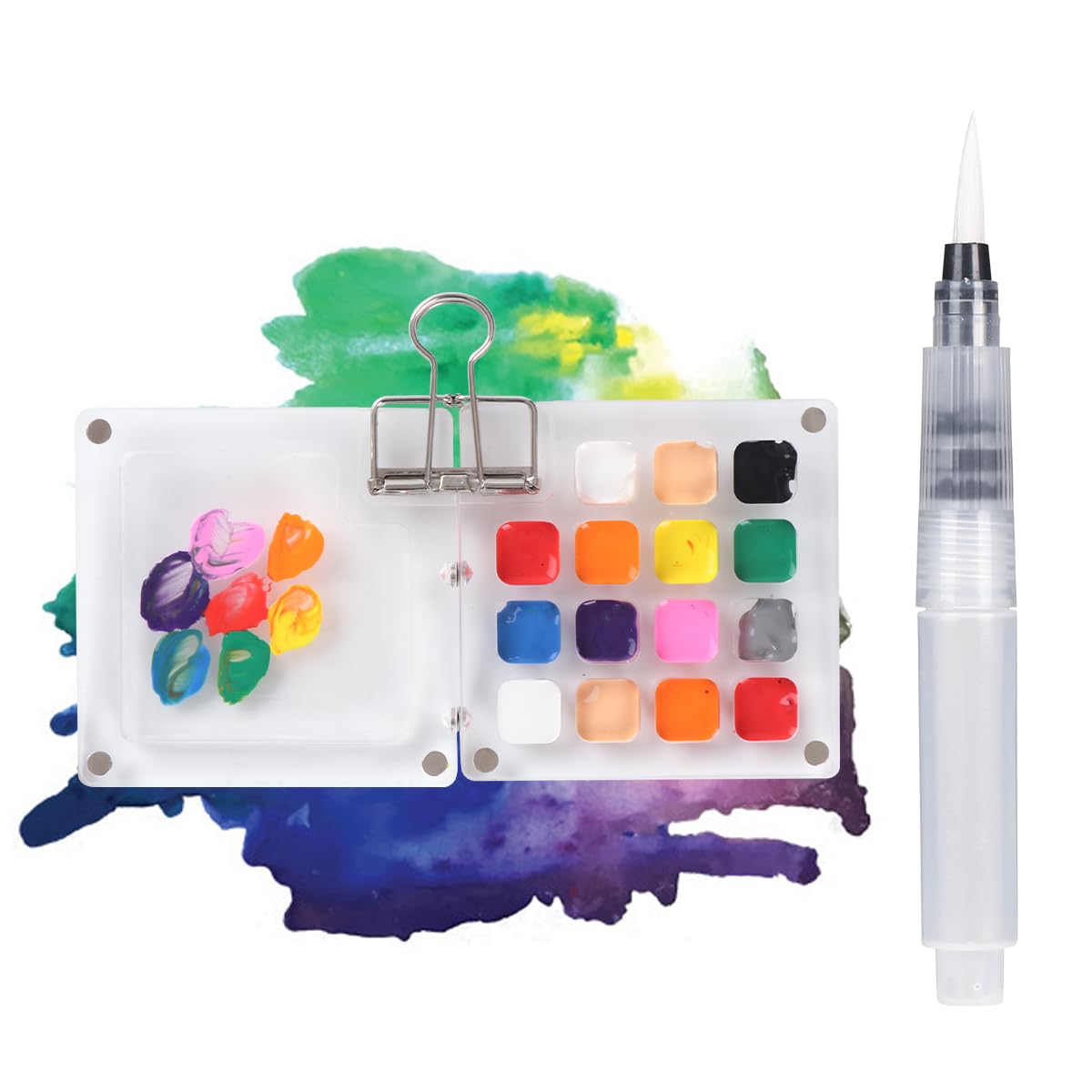 Mini Watercolour Paint Set with 15 Refillable Wells & Water Brush, Portable Travel Palette in Magnetic Acrylic Case for Urban Sketching & Journaling-Compact Artist Field Sketch Kit Clips to Sketchbook