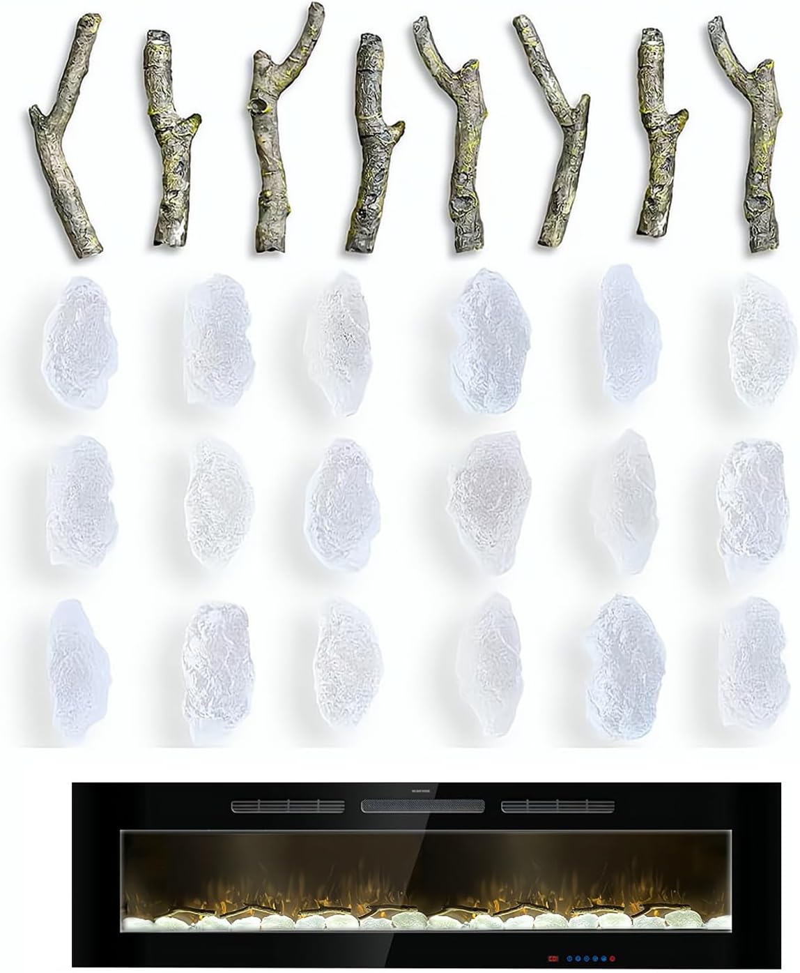 Electric Fireplace Logs for Recessed and Wall Mounted Electric Fireplace, Synthetic Resin Log Branches and Crystal Stones Decoration for Indoor Electric Fireplaces (8pcs logs + 18 Crystal Stones)