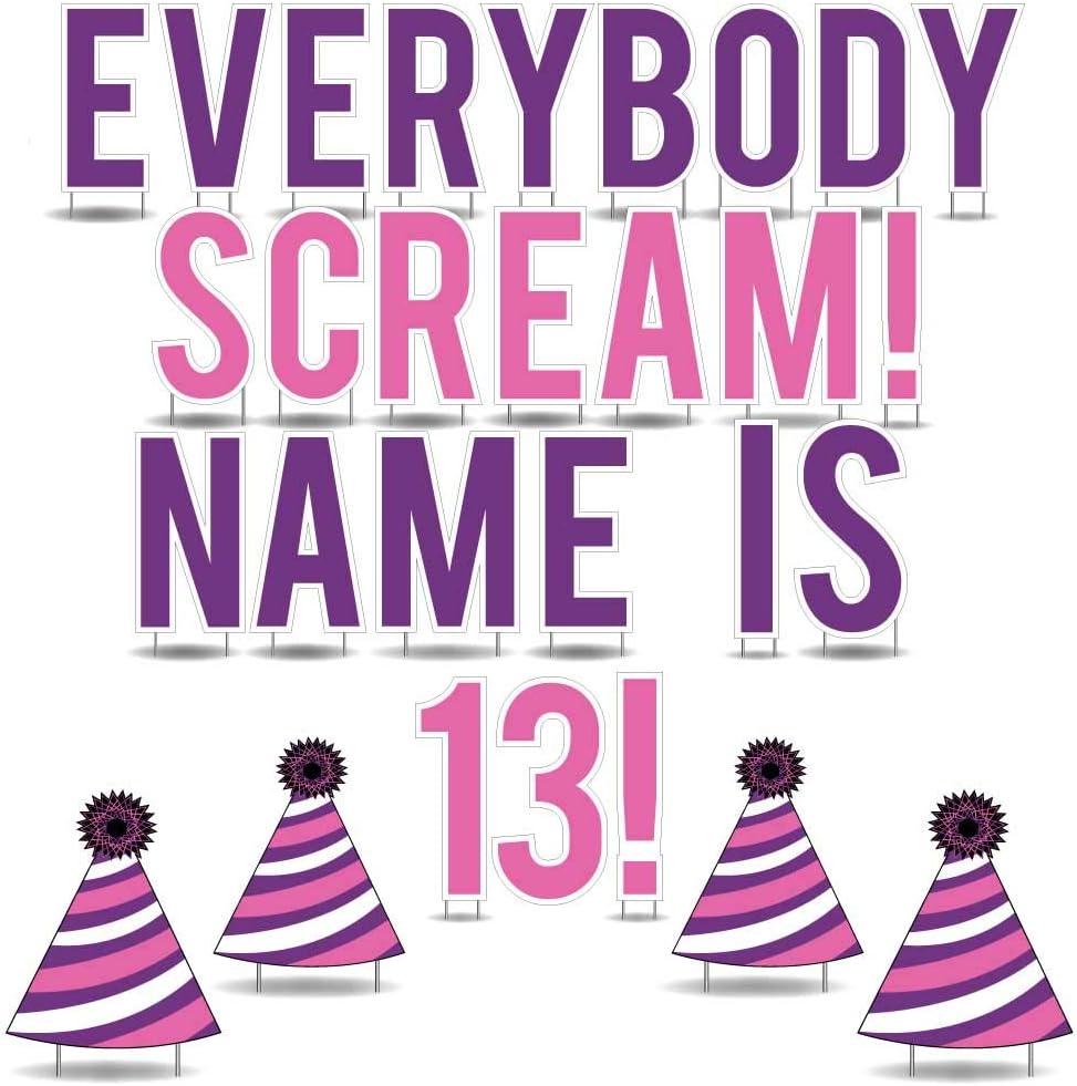 Custom 13th Birthday Yard Decoration - Everybody scream (Custom Name) Is 13 Letters Lawn Display, Includes Stakes (Pink)