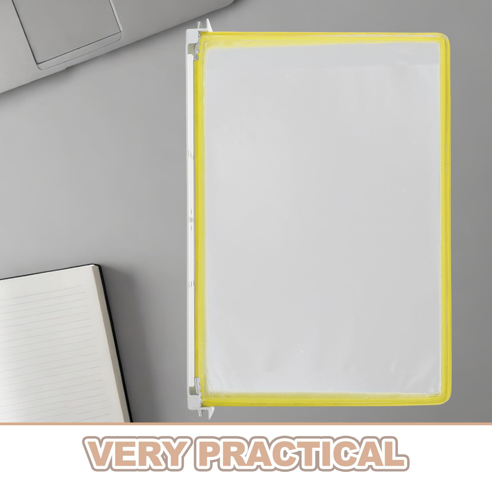 STOBAZA Portafolletos Colgante de Pared, Porta Documentos de Pared A4 de 5 Páginas, Hierro y Pvc, Amarillo, Diseño de Volteo Rápido, Fácil Instalación, para Reuniones y Sesiones