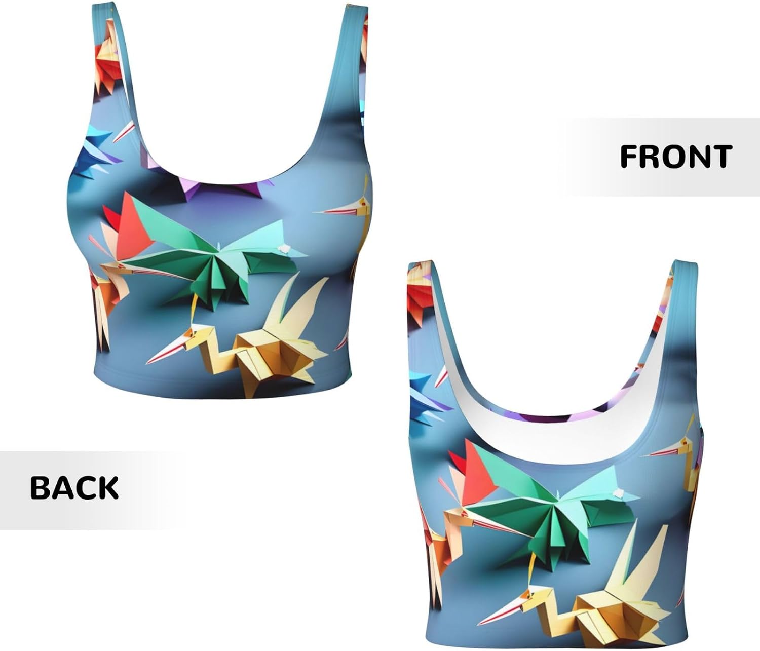 Origami Multicolor Papercraft Cranes Print Sports Bra For Women,Padded,Racerback,Perfect For Yoga,Workout And Running