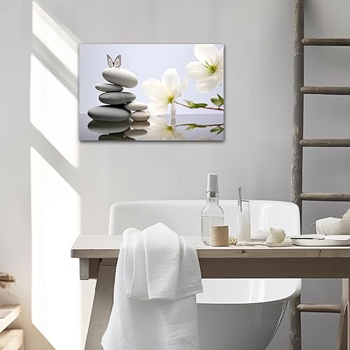 Miniatura 4 de CXHOSTENT Cuadro zen para decoración de baño, impresiones en lienzo con flores blancas y mariposas sobre piedra, arte de pared para baño, yoga, spa,