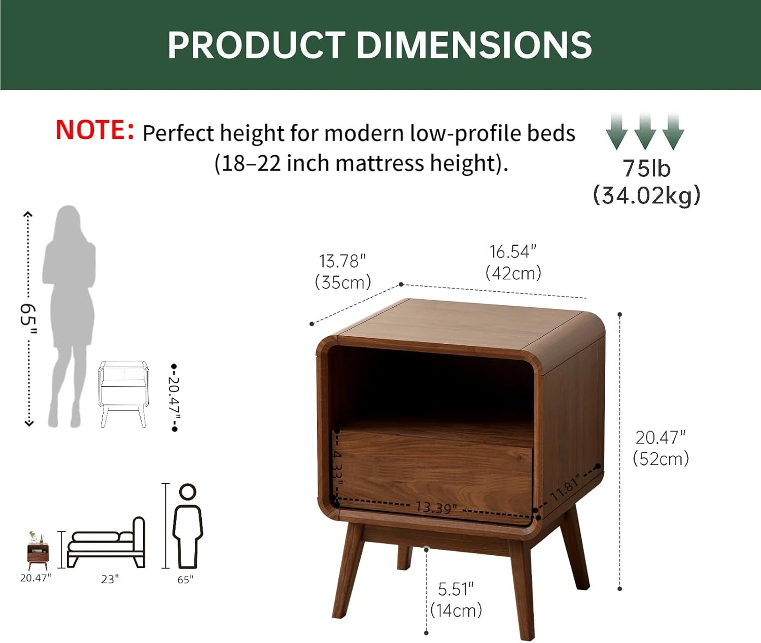 100% Solid Wood Nightstand, Walnut Night Stand with Drawer and Open Shelf, Mid Century Nightstand, Wooden Nightstands, Small Nightstands for Small Spaces Bedroom(Dark Black Walnut, 20.47" H)