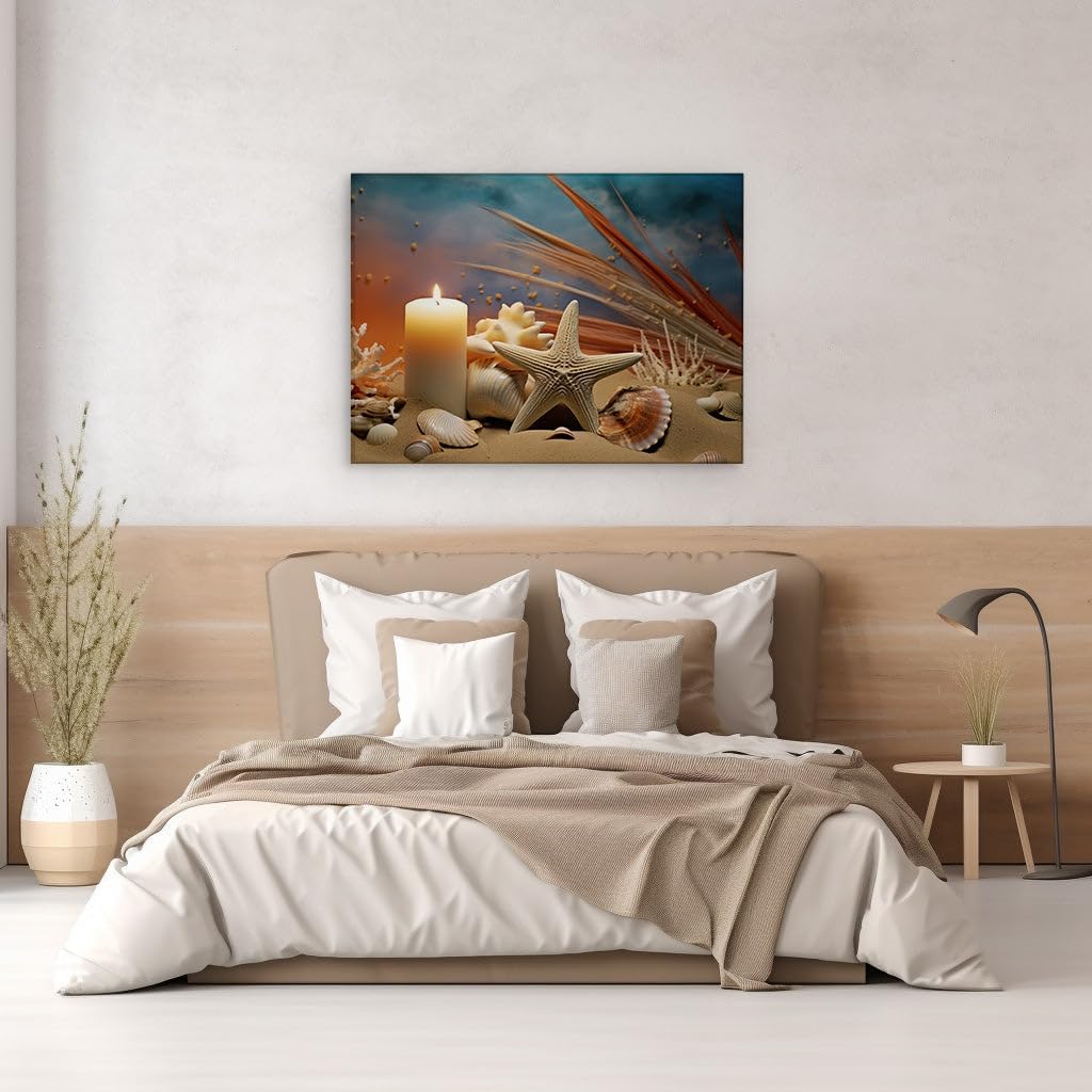 Canvas for Living room. Sunset Serenade: Seashells and Starlight on a Sandy Shore, 27 x 18 inch Canvas Wall Art - Seascapes And Ocean - Modern Home Decor