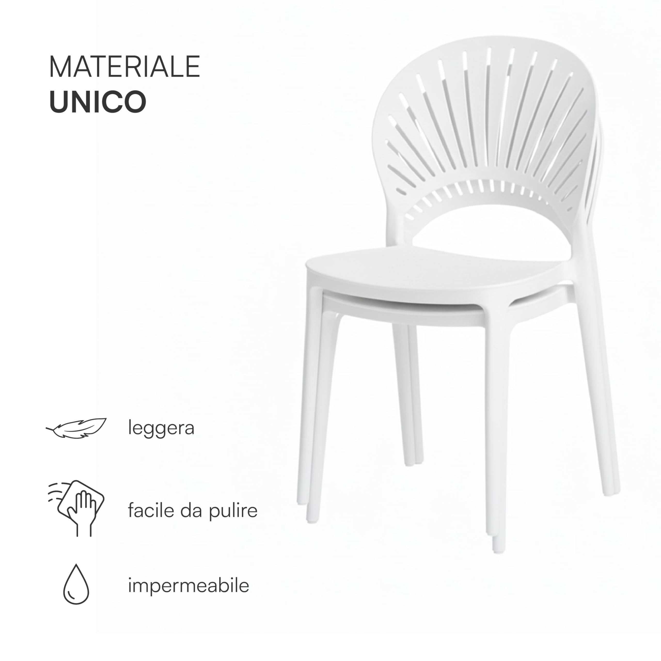 Baroni Home Set 4 Sedie in Plastica Impilabili, Senza Montaggio, Facili da Pulire, con Gommini Antiscivolo, per Cucina, Soggiorno, Sala da Pranzo, 36x37x72 cm Bianca Schienale a Raggi