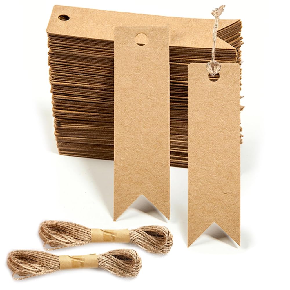 AzoneeKraft Paper Gift Tags with 20m Natural Jute Twine, 200 Pcs Mini Blank Gift Tags Price Tags, Brown Rectangle Craft Labels for Gifts Bags Crafts (7x2cm)