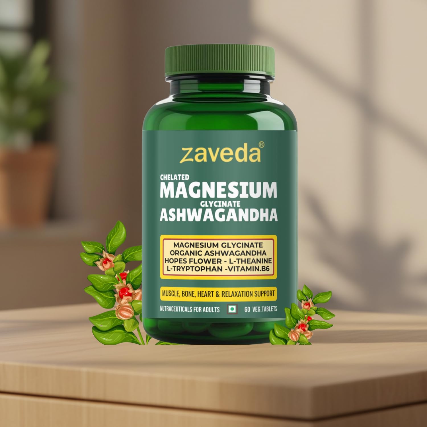 Magnesium Glycinate Ashwagandha Tablets with Hopes flower, Vit. B6, L-Theanine, L-tryptophan & zinc | Highly Advanced Plant based formula | Muscle Recovery, Sleep & Nerve halth | 60 VegTablets