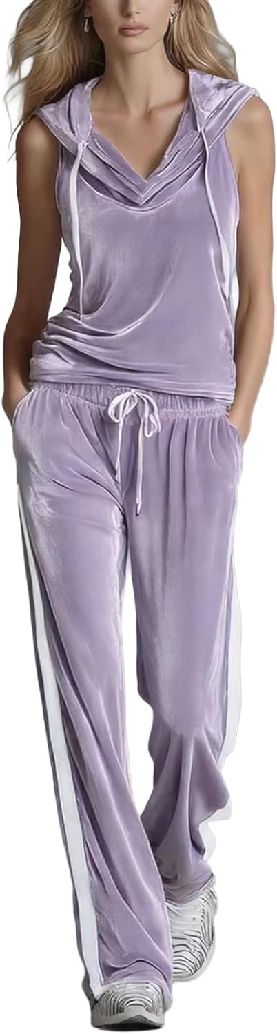 Women's Velvet 2 Piece Set Elegant V Neck Hooded Sleeveless Top and Pants Velvet Set Jogging Suit Sets Velour Tracksuit 2000s