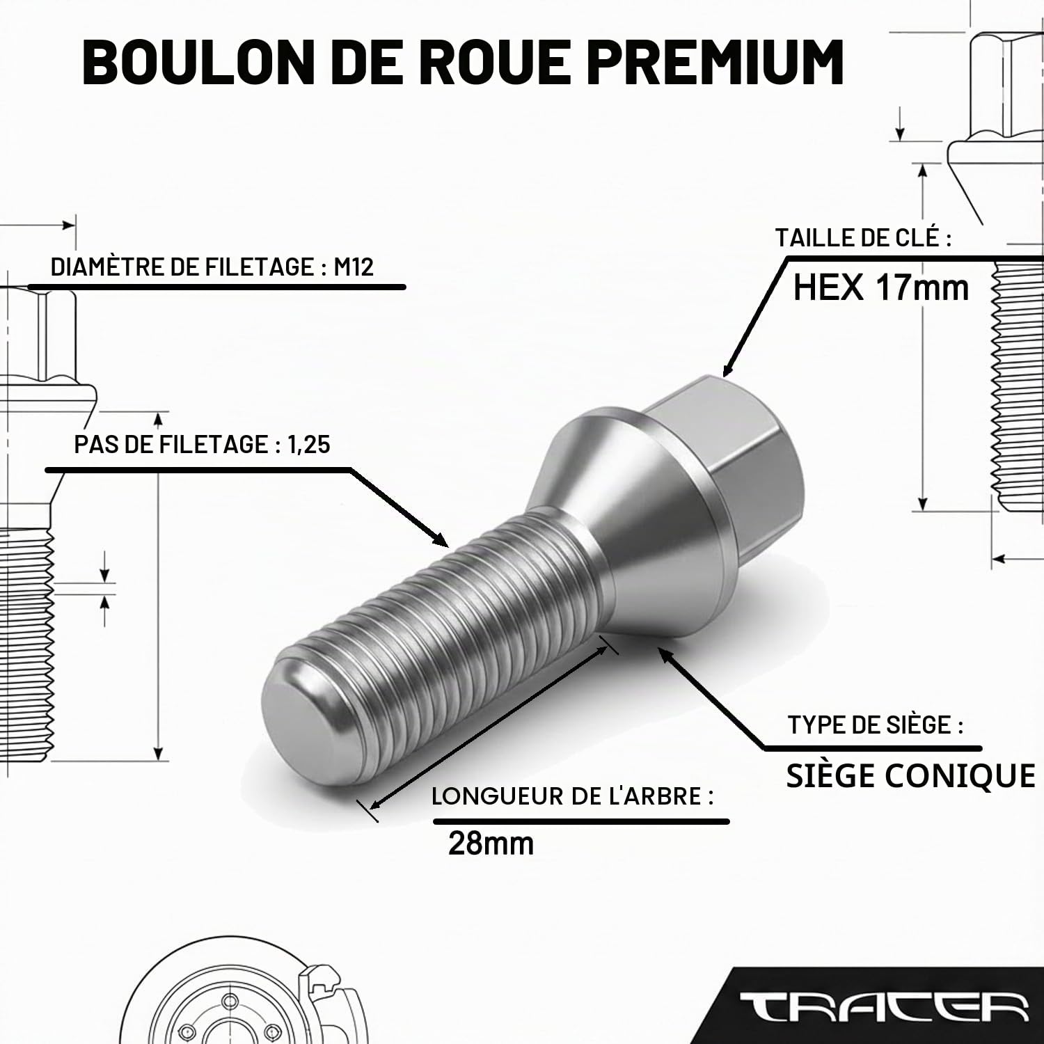 TRACER 20 Boulons de roue Boulons de roue M12 x 1.25 28mm ceinture conique 60° compatible avec Peugeot