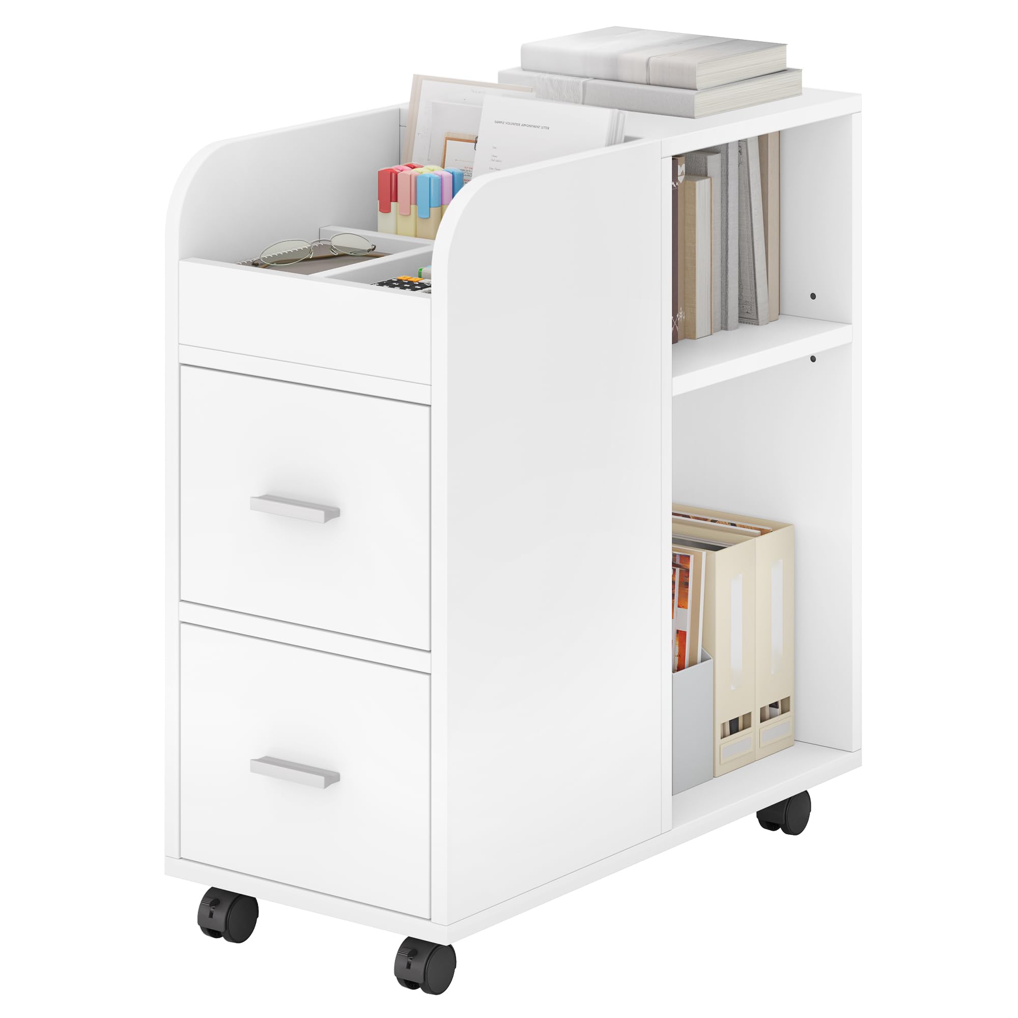 YITAHOME Rollcontainer mit 2 Schubladen, Aktenschrank mit verstellbarem Regal und Ablagefächern, Multifunktionaler Büroschrank Beistelltisch für Wohnzimmer, Schlafzimmer, Büro, Weiß