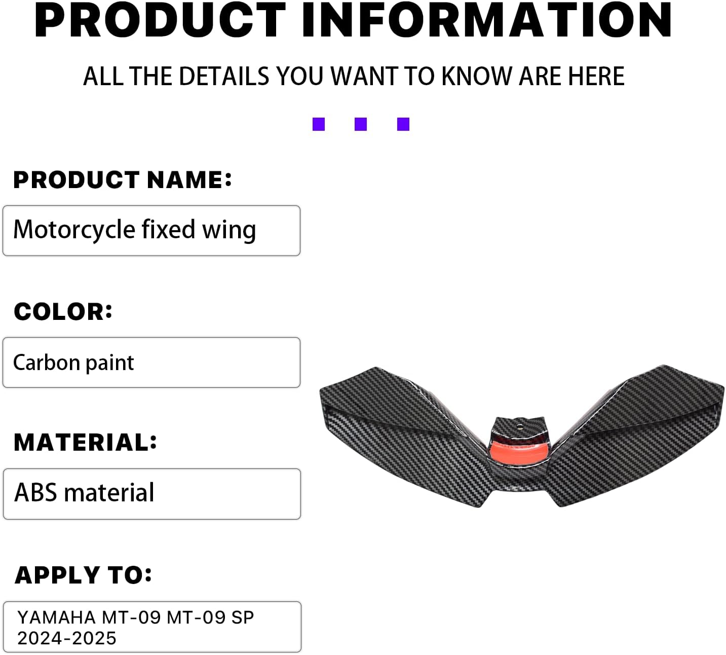 Motorcycle Winglet Fairings for Yamaha MT-09 MT-09SP (2024-2025) - Spoiler Wing for Yamaha MT 09 Winglets, Durable ABS Plastic Easy Installation of Yamaha MT 09 Fairings (Carbon Paint)