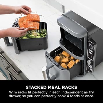 Ninja Double Stack XL Air Fryer, Vertical Dual Drawer AirFryer with 4 cooking levels, 2 Drawers and 2 Racks, Space Saving Design, 9.5L Capacity, 6 Cooking Functions, 8 Portions, Grey, SL400UK
