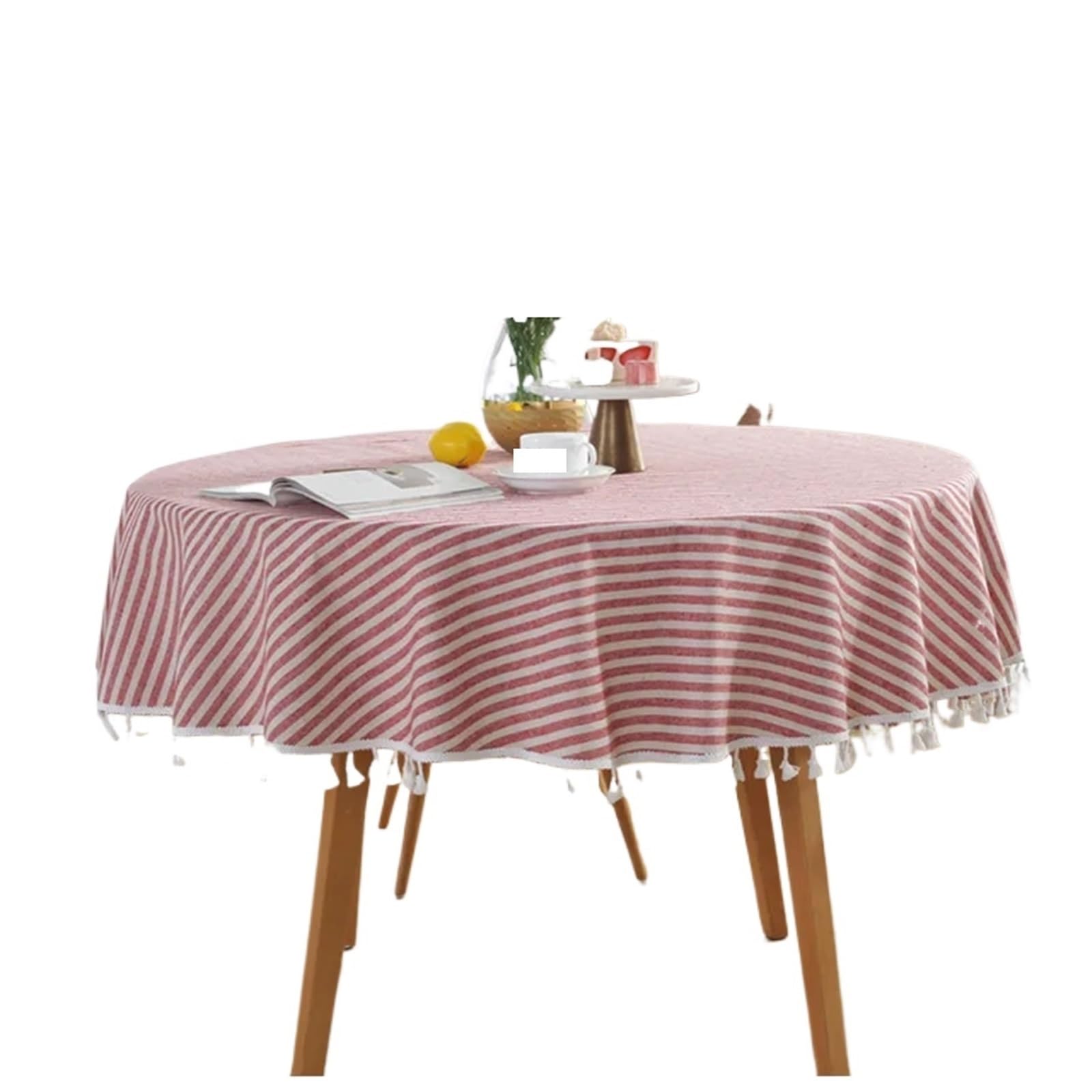 ZHSOAO Striped Round Tablecloth Plain Tassel Table Cloth Cotton Linen Cover Towel for Cafe(Red,Diameter 120cm)