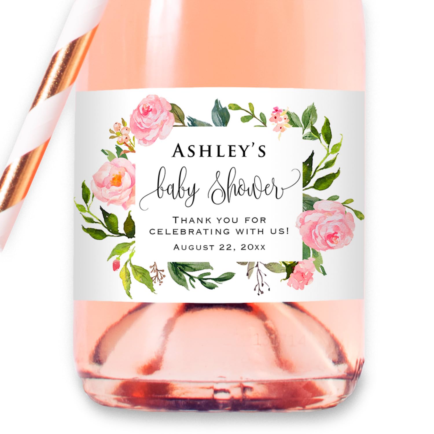 Baby Shower - Custom Pink Floral Mini Champagne Bottle Label, Personalized Waterproof Mini Wine Bottle Sticker for Baby Shower