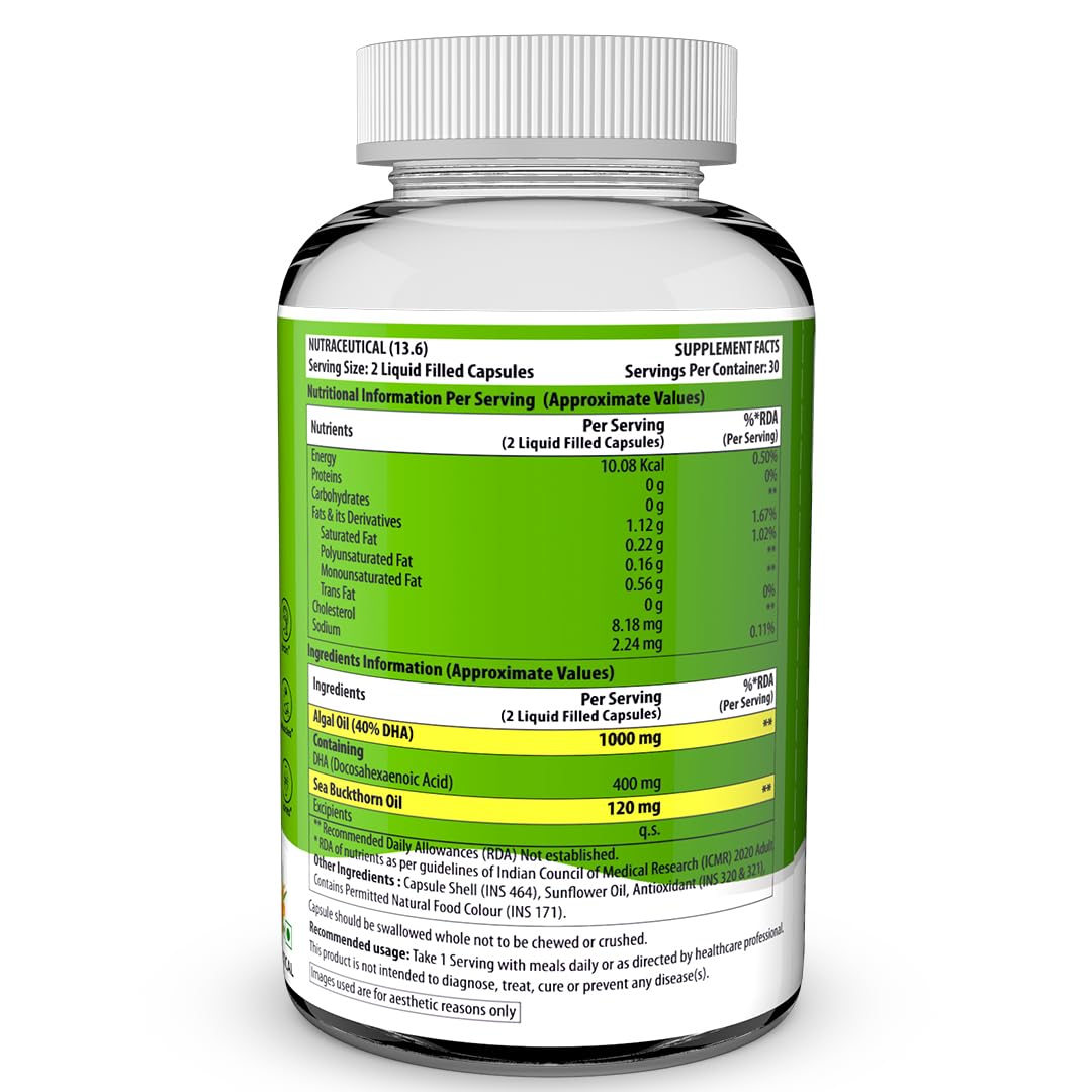 New Year Sale Naturyz Vegetarian Omega 3 Algae + Sea Buckthorn Oil Capsules 1120Mg | Highest Strength Dha 400Mg | Gelatin Free, No Burps, No Fish Oil | Supports Healthy Heart, Skin, Brain &Amp; Gut | Plant Source For Men &Amp; Women | 60 Liquid Fill Capsules