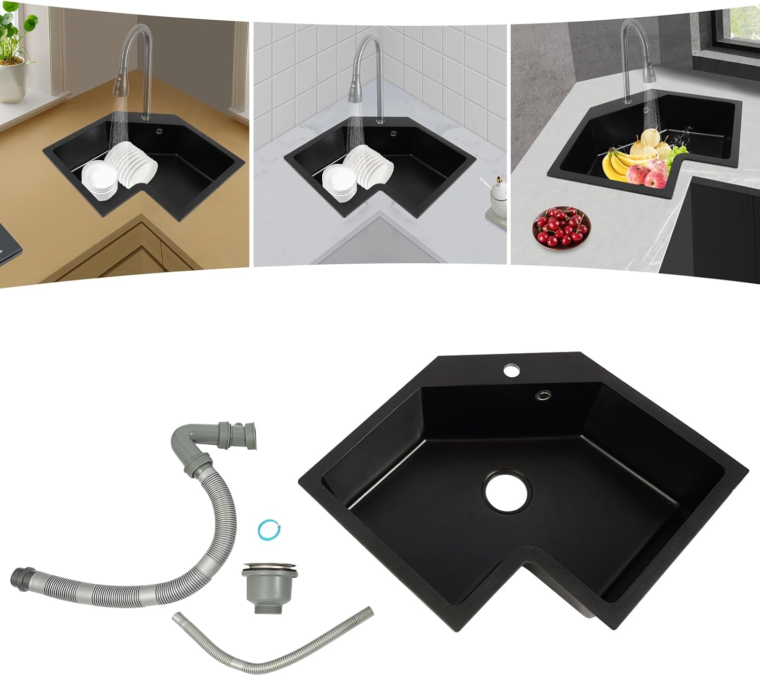 Corner Kitchen Sink, 26.5 Inch Quartz Drop In Sink, Irregular Single Bowl Sink with Drain Pipe & Strainer, Modern Undermount Sink for Kitchen & Bar Corner