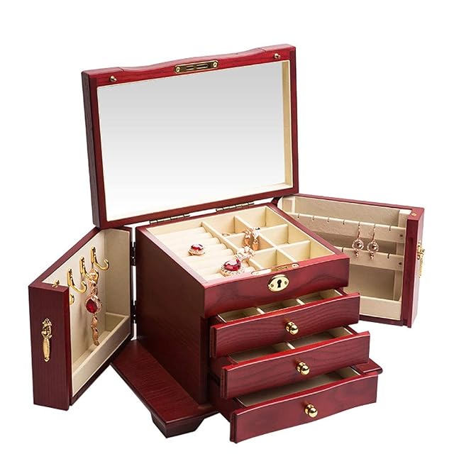 Jewelry Cosmetic Storage Boxes Womens Wood Jewellery Box High Capacity Jewellery Organiser Box Storage Earrings Drawer Jewelry Holder