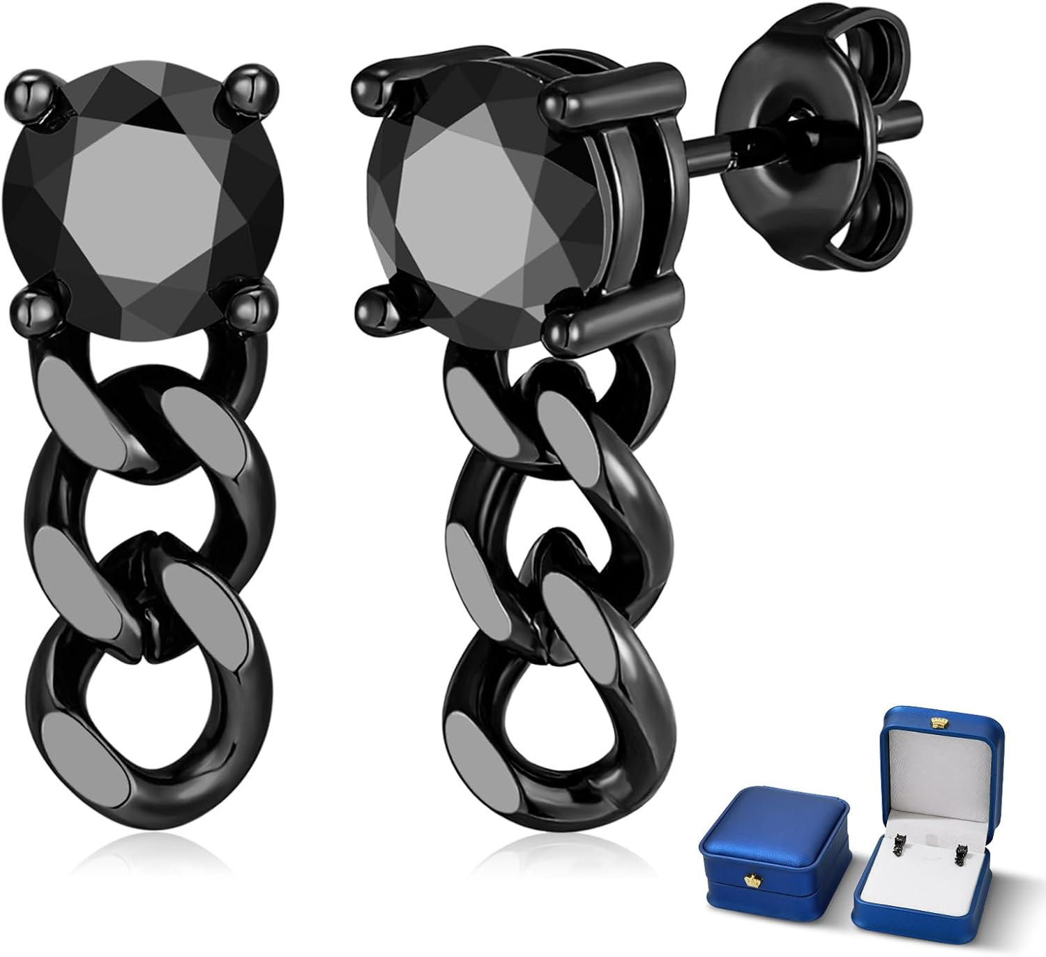 Black Moissanite Stud Earrings for Men Women with Dangling Cuban Links Hypoallergenic Punk Hoop Earrings Mens Jewelry Gifts